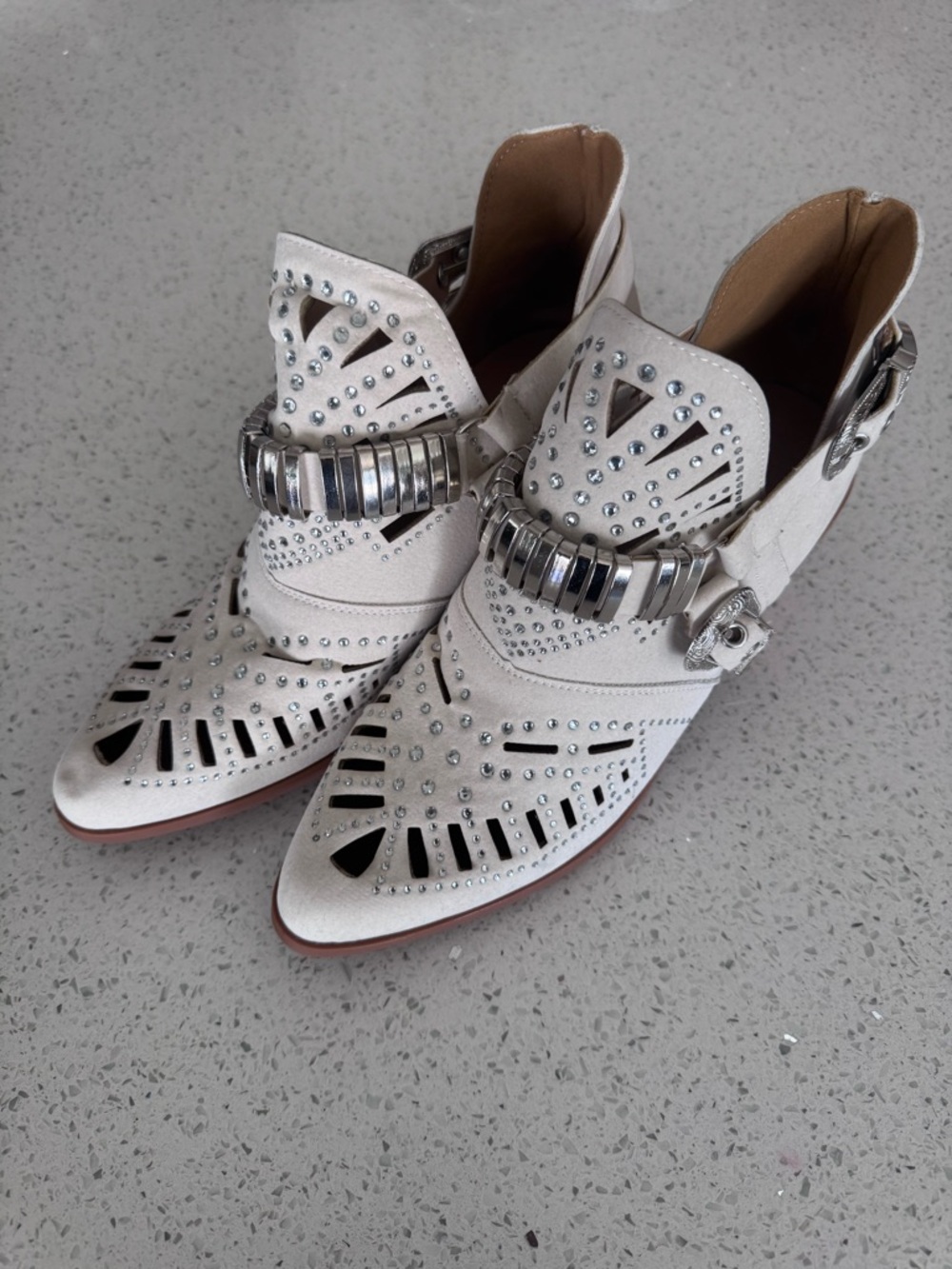 White Studded Cutout Women's Ankle Boots